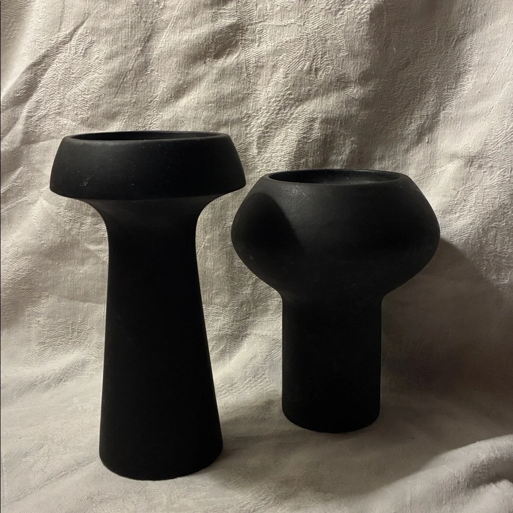 Stoneware Pillar & Taper Candle Holders, Black, Set of 2 Elegant Black Holders